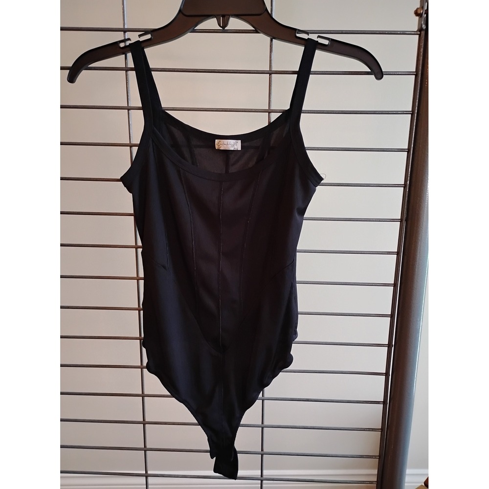 Intimately Free People Black Ribbed Sleeveless Bodysuit Thong Snap‎ Small